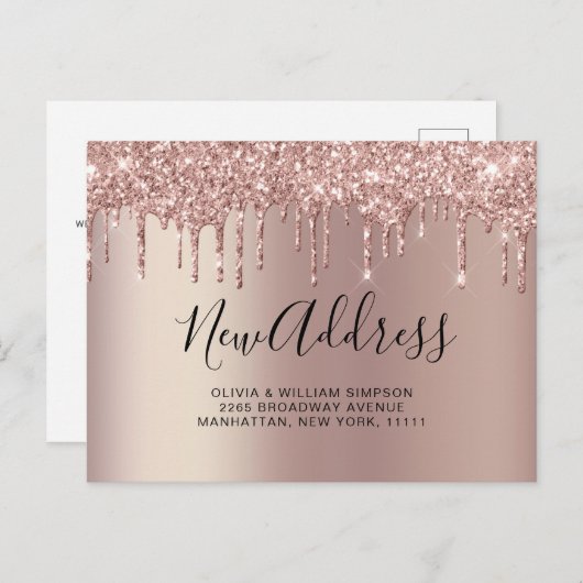 Roze Goud Dripping Nieuw Adres Verhuisaankondiging Briefkaart (Voorkant / Achterkant)