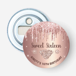 Roze Goud Druppelende Glitter & Diamant Sweet 16   Button Flesopener