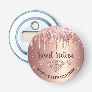 Roze Goud Druppelende Glitter & Diamant Sweet 16   Button Flesopener