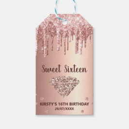 Roze Goud Druppelende Glitter & Diamant Sweet 16 Cadeaulabel