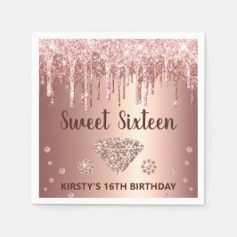 Roze Goud Druppelende Glitter & Diamant Sweet 16 Servet