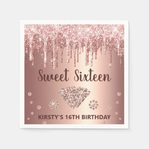 Roze Goud Druppelende Glitter & Diamant Sweet 16 Servet