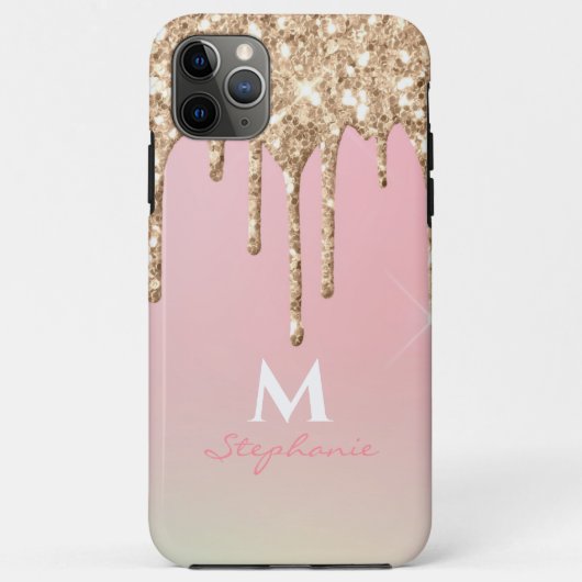 Roze Goud Druppelende Glitter Roze Ombre Monogram Case-Mate iPhone Case (Achterkant)