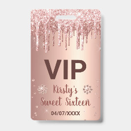 Roze Goud Druppelende Glitters & Diamant Sweet 16 Badge