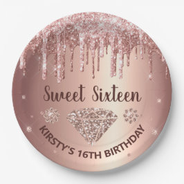 Roze Goud Druppelende Glitters & Diamant Sweet 16 Papieren Bordje