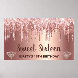 Roze Goud Druppelende Glitters & Diamant Sweet 16  Poster