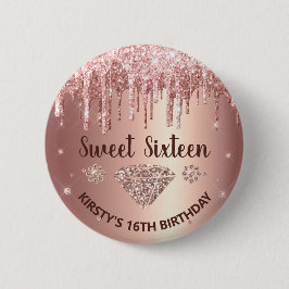 Roze Goud Druppelende Glitters & Diamant Sweet 16 Ronde Button 5,7 Cm