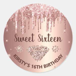 Roze Goud Druppelende Glitters & Diamant Sweet 16 Ronde Sticker