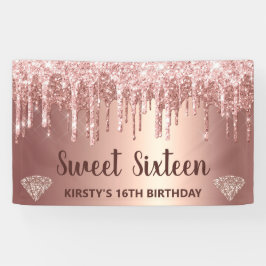 Roze Goud Druppelende Glitters & Diamant Sweet 16 Spandoek