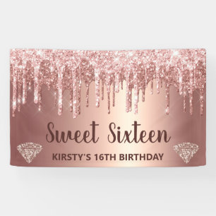 Roze Goud Druppelende Glitters & Diamant Sweet 16 Spandoek