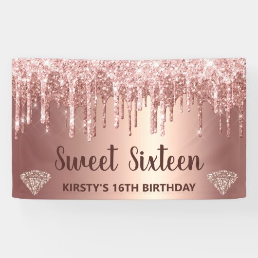 Roze Goud Druppelende Glitters & Diamant Sweet 16 Spandoek (Horizontaal)