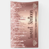 Roze Goud Druppelende Glitters & Diamant Sweet 16 Spandoek (Verticaal)