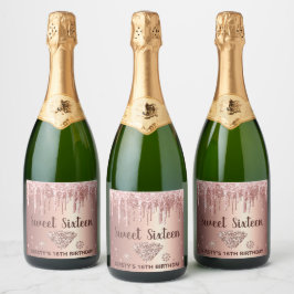 Roze Goud Druppelende Glitters & Diamant Sweet 16 Sparkling Wijnetiket