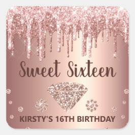Roze Goud Druppelende Glitters & Diamant Sweet 16 Vierkante Sticker