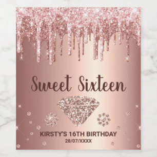 Roze Goud Druppelende Glitters & Diamant Sweet 16 Wijn Etiket
