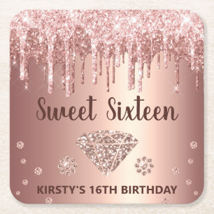 Roze Goud Druppelende Glitters & Diamanten Sweet 1 Kartonnen Onderzetters