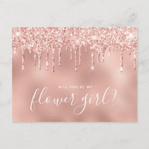Roze goud druppels, wil je mijn bloemenmeisje zijn uitnodiging briefkaart