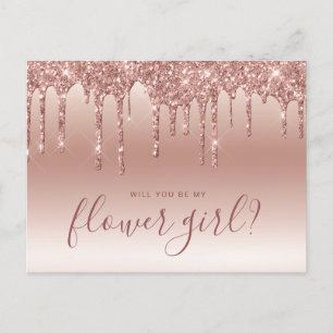 Roze goud druppels, wil je mijn bloemenmeisje zijn uitnodiging briefkaart