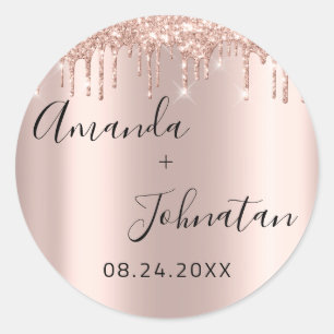 Roze Goud Eenvoudig Naam Datum Zwarte Druppels Ronde Sticker