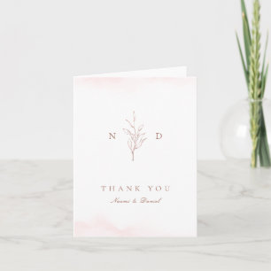 Roze goud eenvoudige botanische bladeren monogram  bedankkaart