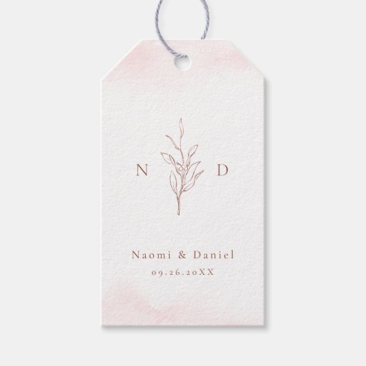 Roze goud eenvoudige botanische bladeren monogram cadeaulabel (Voorkant)