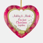 Roze Goud Eerste Kerstmis Samen Foto Xmas Keramisch Ornament (Achterkant)