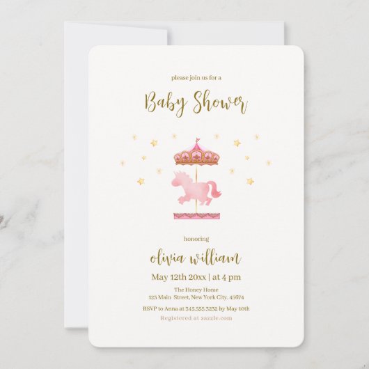 Roze Goud Elegant Carrousel Carnaval Baby shower Kaart (Voorkant)