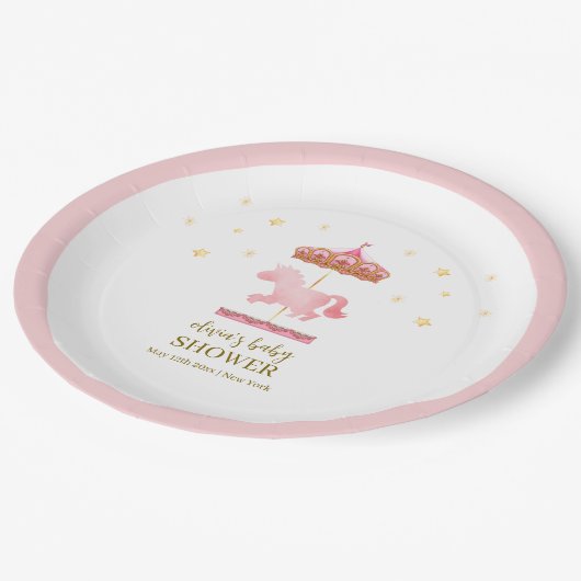 Roze Goud Elegant Carrousel Carnaval Baby shower Papieren Bordje (Gekanteld)