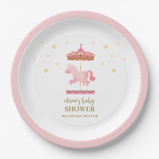 Roze Goud Elegant Carrousel Carnaval Baby shower Papieren Bordje (Voorkant)