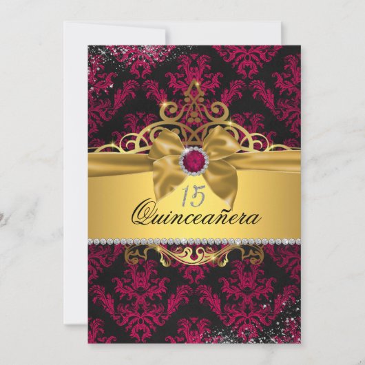 Roze Goud Elegant Damask Quinceanera Invite Kaart (Voorkant)