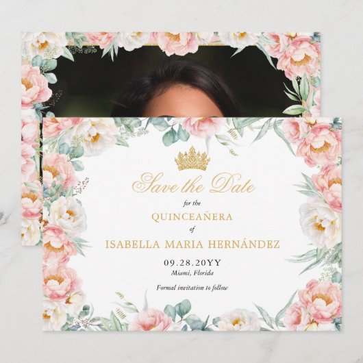 Roze & Goud Elegant Quinceañera Save The Date (Voorkant / Achterkant)