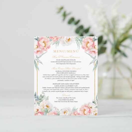 Roze & Goud Elegant Tweetalig Quinceañera Menu (Staand voorkant)