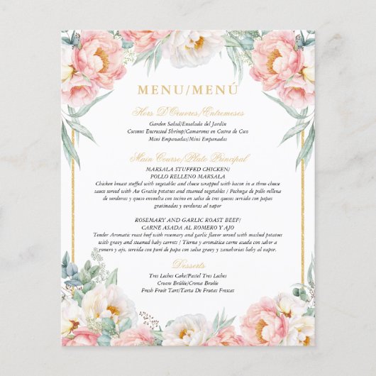 Roze & Goud Elegant Tweetalig Quinceañera Menu (Voorkant)