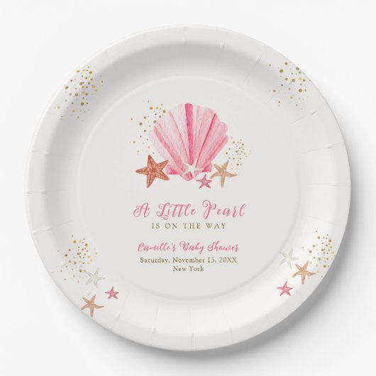 Roze Goud Elegant Zeesterren Zeeschelp Baby shower Papieren Bordje (Voorkant)