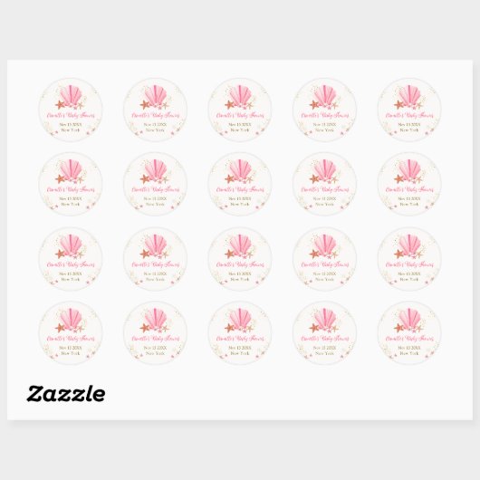 Roze Goud Elegant Zeesterren Zeeschelp Baby shower Ronde Sticker (Vel)