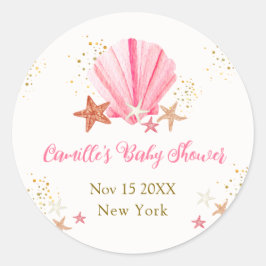 Roze Goud Elegant Zeesterren Zeeschelp Baby shower Ronde Sticker