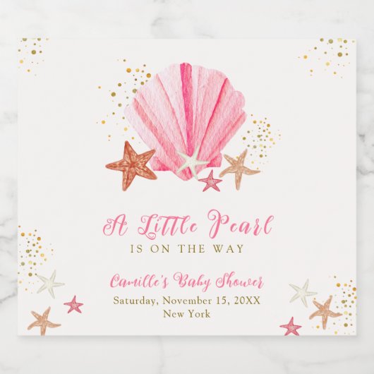 Roze Goud Elegant Zeesterren Zeeschelp Baby shower Sparkling Wijnetiket (Enkel label)