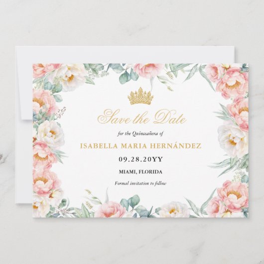 Roze & Goud Elegante Bloemen Quinceañera Save The Date (Voorkant)