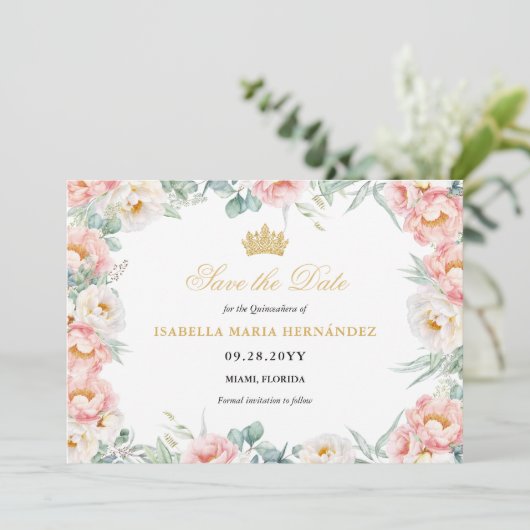 Roze & Goud Elegante Bloemen Quinceañera Save The Date (Staand voorkant)