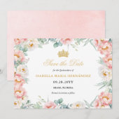 Roze & Goud Elegante Bloemen Quinceañera Save The Date (Voorkant / Achterkant)