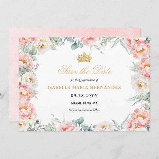 Roze & Goud Elegante Bloemen Quinceañera Save The Date (Voorkant / Achterkant)