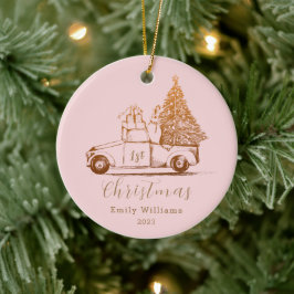 Roze Goud Elegante Foto Baby's Eerste Kerstmis Keramisch Ornament