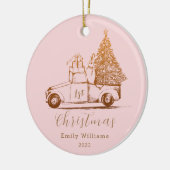 Roze Goud Elegante Foto Baby's Eerste Kerstmis Keramisch Ornament (Links)