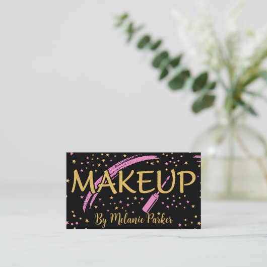 Roze Goud Elegante Glitter Make Up Artiest Zwart Visitekaartje (Staand voorkant)