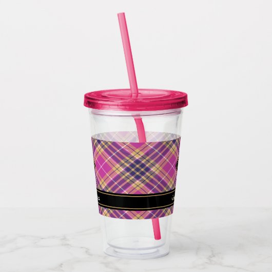 Roze, goud en blauwe tartan acryl drinkbeker (Links)