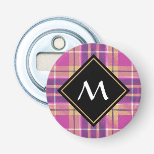 Roze, goud en blauwe tartan button flesopener