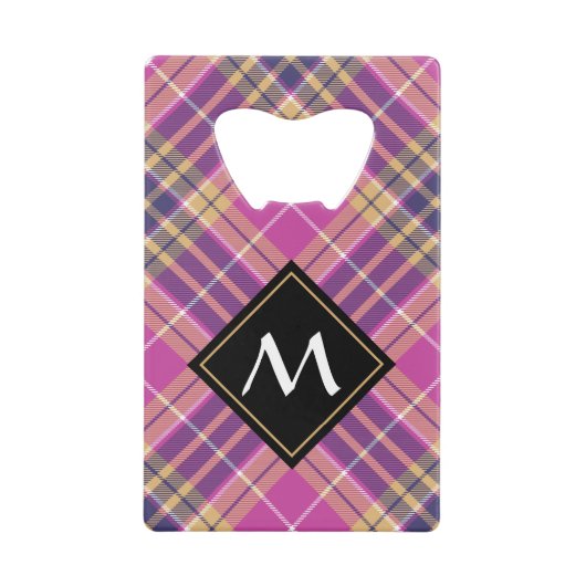 Roze, goud en blauwe tartan creditkaart flessenopener (Voorkant)