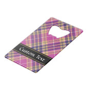 Roze, goud en blauwe tartan creditkaart flessenopener (Achterkant Gekanteld)
