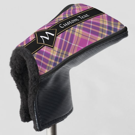 Roze, goud en blauwe tartan golfheadcover (3/4 voorkant)