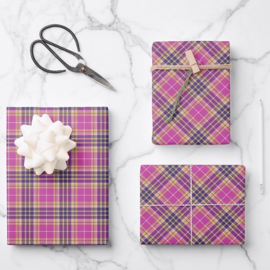 Roze, goud en blauwe tartan inpakpapier vel (Voorkant)
